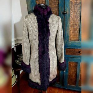 True Meaning BOHO Jacket Pea Coat Lined Tweed w/ Deep Purple Faux Fur